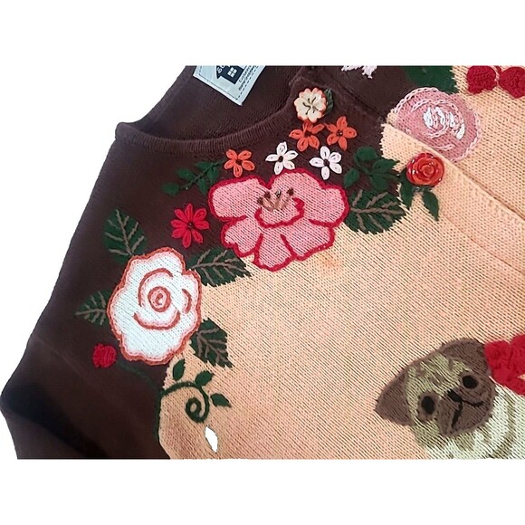 1X Pug Puppy Storybook Knits Sweater Brown Peach Flower Buttons 3D Cruelle Dog - Picture 7 of 16